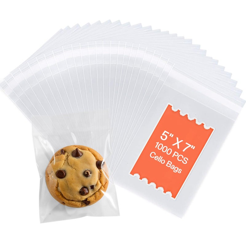 joybest 1000 Pack - 5 x 7 Inch Clear Cellophane Bags, Self Sealing Cello Plastic Poly Bags for Cookie, Treats, Candy, Bakery, Party Favors - Image 1